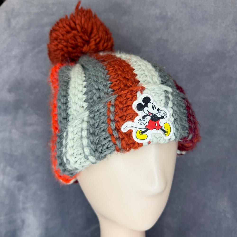 Disney Mickey Mouse Beanie Kids 2T-5T‎ Orange Grey Striped Pom Pom Hat